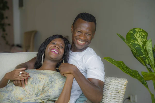 Young Attractive Happy Black African American Couple Relaxed Home Sofa — Stock Photo, Image