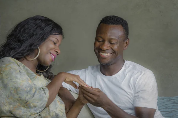 Young Attractive Happy Black Afro American Couple Relaxed Home Sofa — Stock Photo, Image