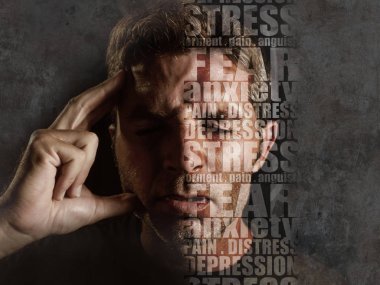 depression composite with words like pain and anxiety composed into face of young sad  man suffering stress and headache feeling sick and frustrated isolated on grunge black background clipart