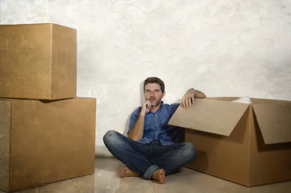 Young Happy Excited Man Home Floor Enjoying Unpacking Cardboard Boxes — Stock Photo, Image