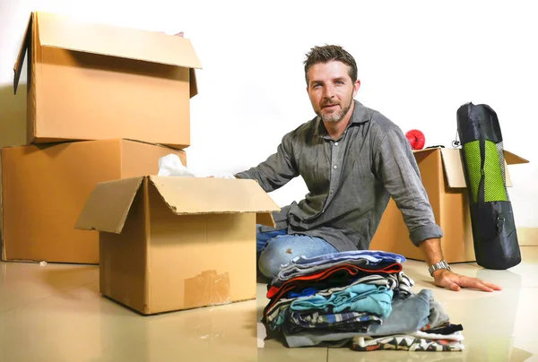 Lifestyle Portrait Young Happy Attractive Man Unpacking Cardboard Boxes Belongings — Stock Photo, Image