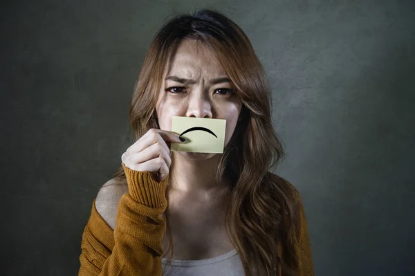 Dramatic Portrait Young Overwhelmed Depressed Asian Korean Student Girl Holding — Stock Photo, Image