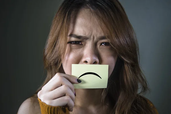 Dramatic Portrait Young Overwhelmed Depressed Asian Korean Student Girl Holding — Stock Photo, Image