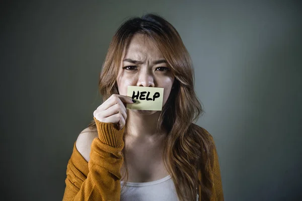 Dramatic Portrait Young Sad Depressed Asian Korean Student Girl Holding — Stock Photo, Image