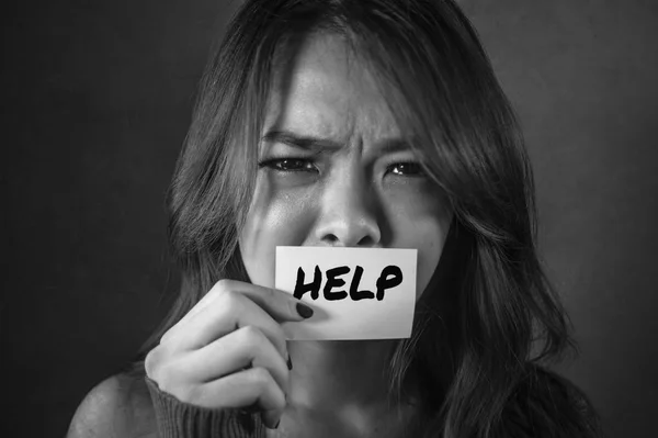 Dramatic Portrait Young Sad Depressed Asian Korean Student Girl Holding — Stock Photo, Image