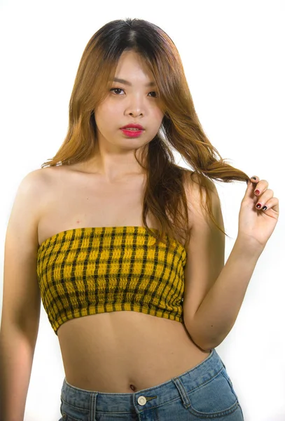 Retrato Jovem Sexy Brincalhão Mulher Asiática Posando Fresco Impertinente Coreano — Fotografia de Stock