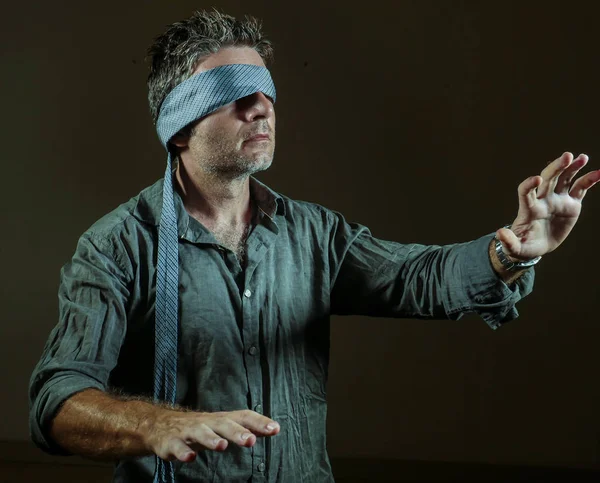 Young Lost Confused Man Blindfolded Necktie Playing Internet Trend Dangerous — Stock Photo, Image