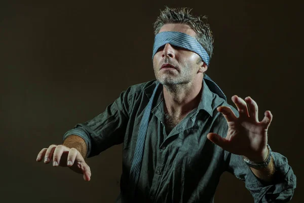 Young Lost Confused Man Blindfolded Necktie Playing Internet Trend Dangerous — Stock Photo, Image