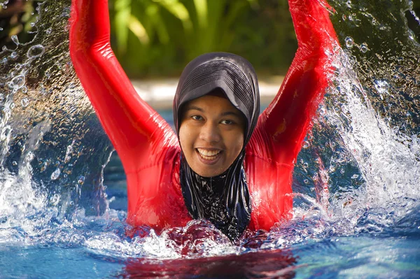 Young Happy Cheerful Muslim Woman Playing Water Excited Resort Swimming — Stock Photo, Image