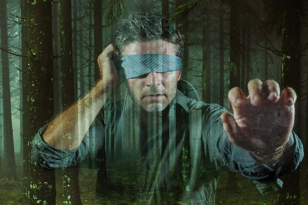 Dramatic Composite Young Confused Scared Man Blindfolded Necktie Playing Internet — Stock Photo, Image