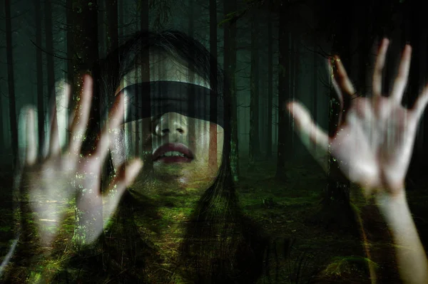 Grunge Composite Young Scared Blindfolded Asian Korean Teenager Girl Lost — Stock Photo, Image