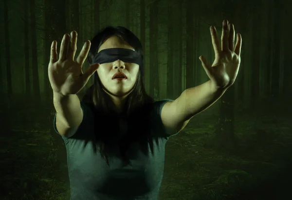 Grunge Composite Young Scared Blindfolded Asian Korean Teenager Girl Lost — Stock Photo, Image