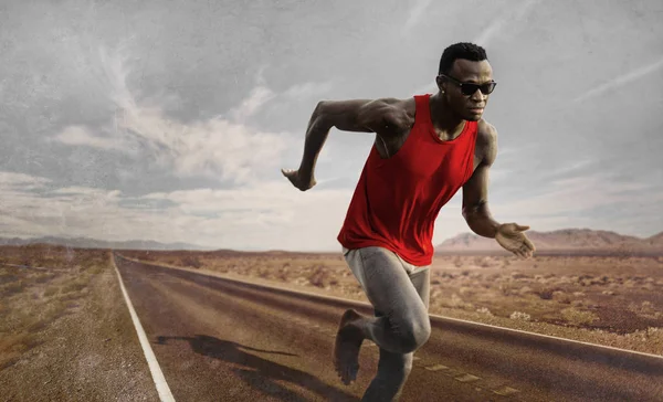 Reklama Stylu Portret Człowieka Młodych Atrakcyjnych Pasuje Czarny Runner African — Zdjęcie stockowe