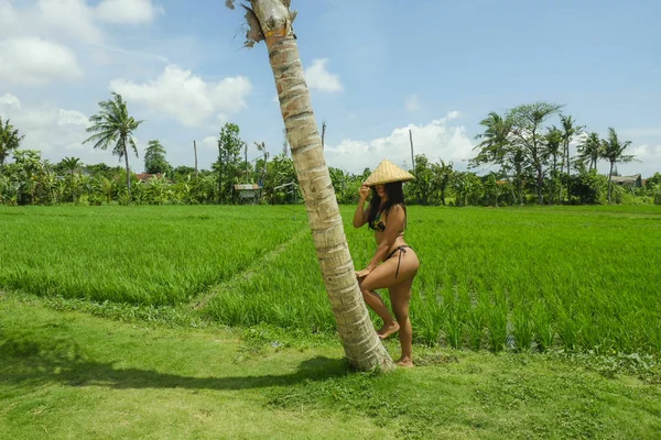 Joven Sexy Feliz Sudeste Asiático Mujer Tradición Rural Sombrero Posando —  Fotos de Stock