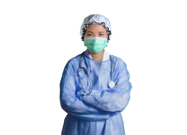 Joven Confiado Exitoso Asiática Coreana Médico Mujer Hospital Scrubs Máscara —  Fotos de Stock