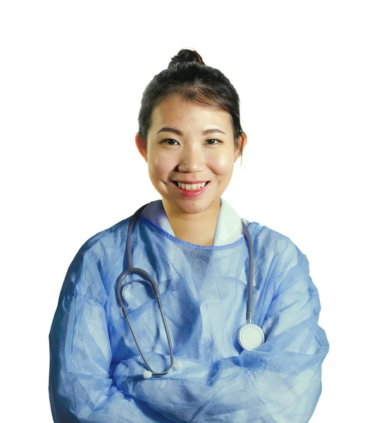 Молодая Счастливая Привлекательная Азиатская Корейская Медицина Врач Женщина Синем Халате — стоковое фото