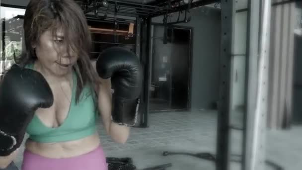 Young Fit Sweaty Asian Indonesian Woman Sport Top Boxing Gloves — Stock Video