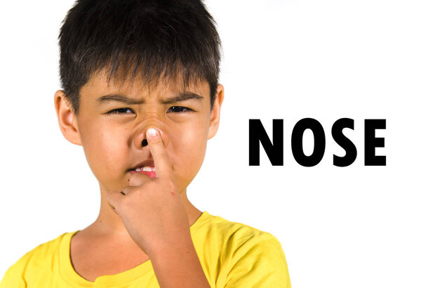 English language learning card with portrait of 8 years old child touching and pointing nose with his finger as part of school cards set of body and face parts in education and idiom lesson concept 