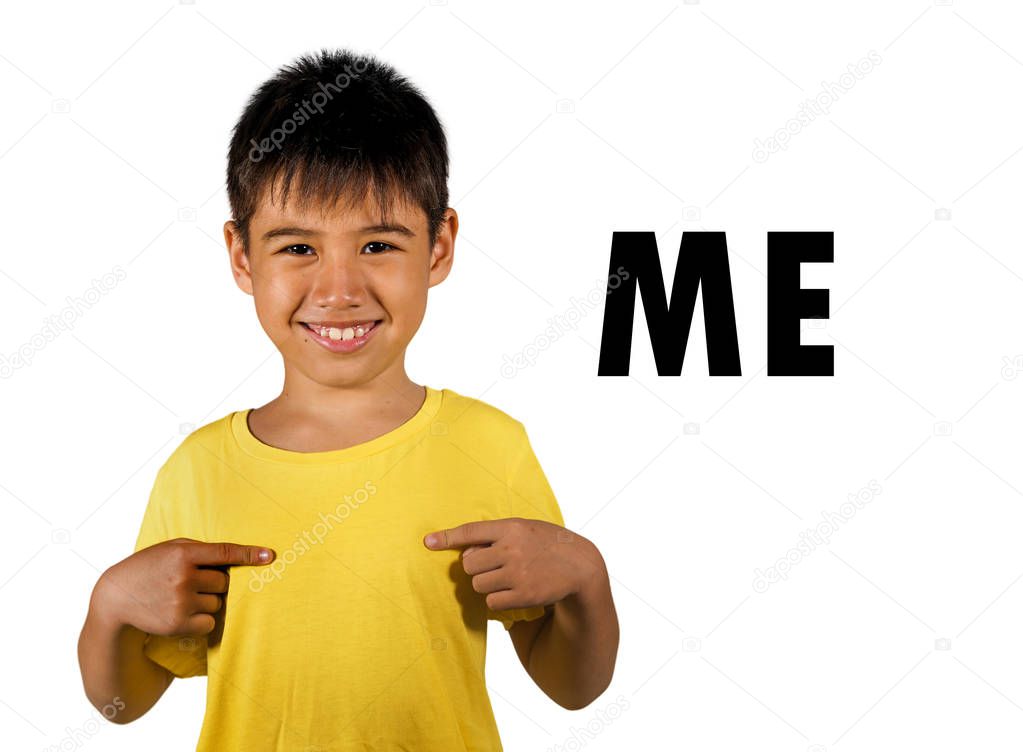 English language learning card with 8 years old child pointing with fingers to himself and the  word ME isolated on white background as part of school cards education set of personal pronouns