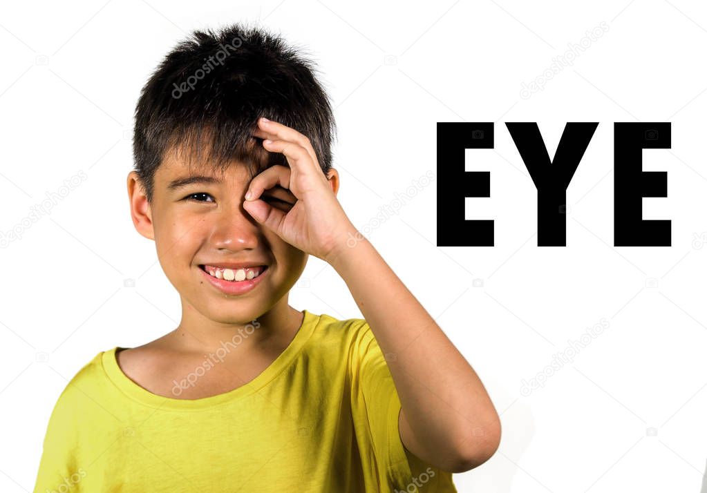 English language learning card with portrait of 8 years old child pointing his eye isolated on white background as part of school cards set of body and face parts in education and idiom lesson
