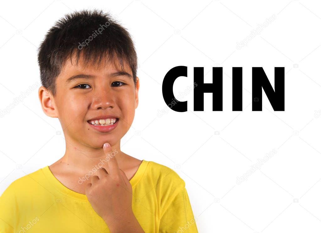 English language learning card with 8 years old child pointing with finger to his chin isolated on white background as part of school cards set of body and face parts in education and idiom lesson