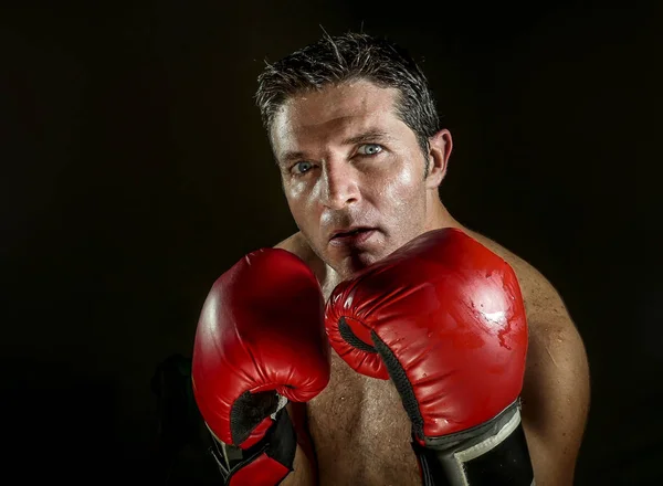 Joven Hombre Deportivo Enojado Feroz Guantes Boxeo Posando Actitud Luchador — Foto de Stock