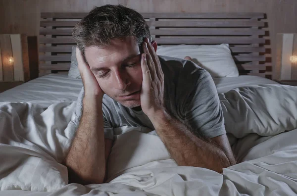 Dramatic Portrait Young Attractive Sad Depressed Man Lying Bed Feeling — Stock Photo, Image