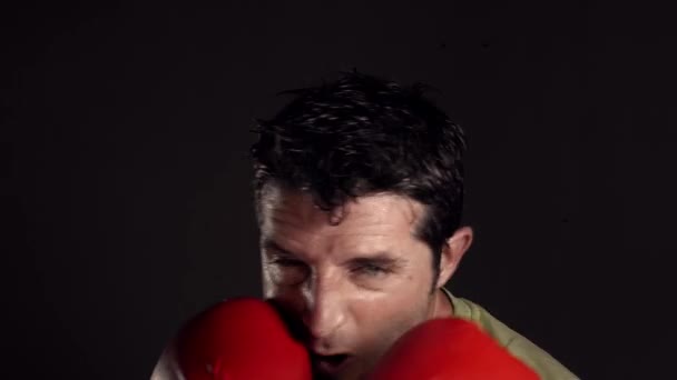 Close Shot Young Attractive Fierce Looking Man Boxing Gloves Posing — Stock Video