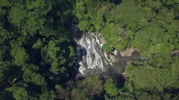美しい旅行先スポットと熱帯の自然概念のジャングルの中に美しい滝の上を飛んでアジアのインドネシアのバリ島での無人機の空中ショット — ストック動画