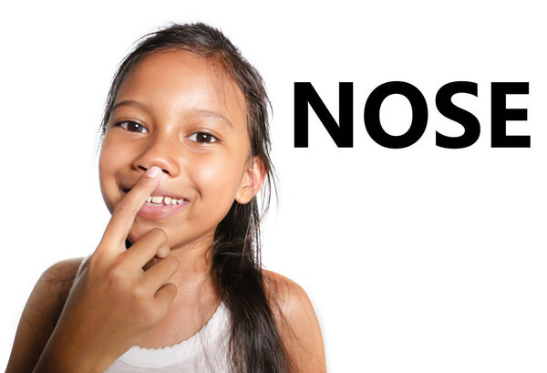 English learning body and face parts school card with beautiful and happy  Asian child pointing her nose smiling cheerful making fun isolated on white background 