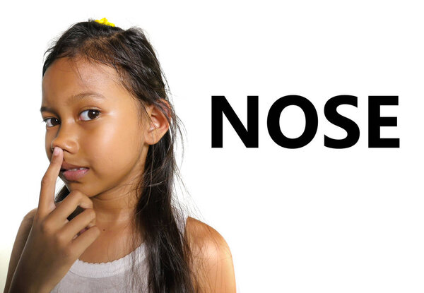 English learning body and face parts school card with beautiful and happy  Asian child pointing her nose smiling cheerful making fun isolated on white background 