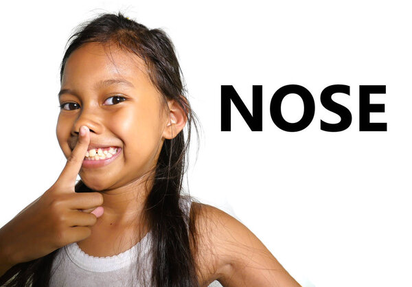English learning body and face parts school card with beautiful and happy  Asian child pointing her nose smiling cheerful making fun isolated on white background 