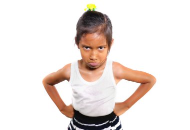 funny portrait of sweet upset and disappointed 7 years old Asian girl looking intense to the camera feeling angry and unhappy in moody pose  clipart