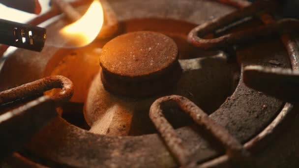 Close Detail Shot Old Rusty Kitchen Stove Ring Switched Fire — Stock Video