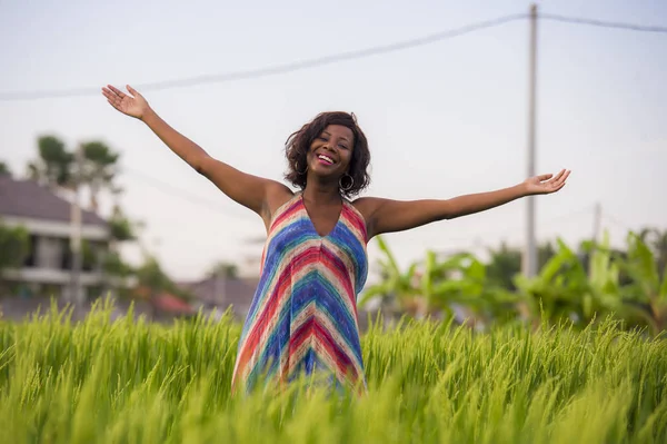 Életmód portré fiatal vonzó és boldog fekete afro-amerikai nő pózol vidám szórakozás szabadban gyönyörű rizs mező háttér élvezi a nyaralás utazás — Stock Fotó