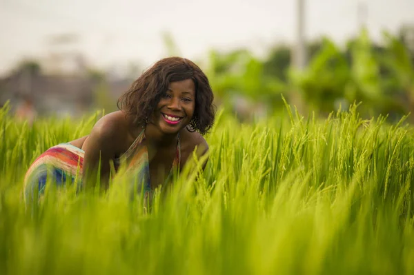 Életmód portré fiatal vonzó és boldog fekete afro-amerikai nő pózol vidám szórakozás szabadban gyönyörű rizs mező háttér élvezi a nyaralás utazás — Stock Fotó