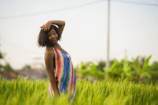Lifestyle πορτρέτο του ελκυστική και ευτυχισμένη μαύρο afro Αμερικανός γυναίκα ποζάρουν χαρούμενα διασκεδάζοντας σε εξωτερικούς χώρους στο όμορφο ρύζι πεδίο υπόβαθρο απολαμβάνοντας τις διακοπές ταξίδι — Φωτογραφία Αρχείου