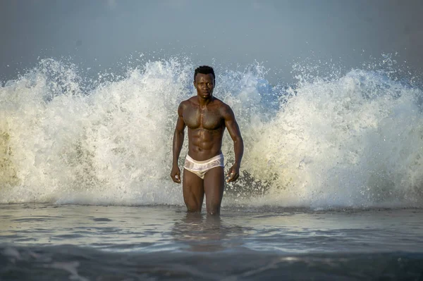 Retrato artístico de joven atractivo y en forma hombre afroamericano negro con cuerpo muscular sexy despreocupado disfrutando de la naturaleza sintiéndose libre en la playa en el mar salvaje con grandes olas — Foto de Stock