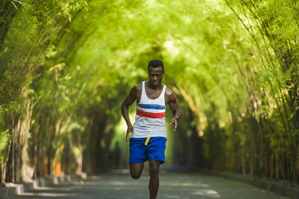 Junger athletischer und attraktiver schwarzer afroamerikanischer Läufer beim Lauftraining im Freien auf dem städtischen Stadtpark in Fitness-Sport und Wellness — Stockfoto