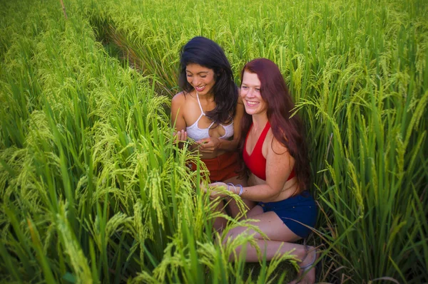latin woman and her attractive red hair girlfriend both girls enjoying Summer holidays together sitting on rice field smiling happy relaxed in diversity ethnicity friendship