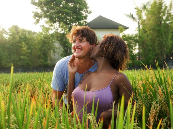 Счастливая и красивая смешанная этническая пара с черной афро-американской женщиной и привлекательным кавказским мужчиной обнимается и веселится наслаждаясь праздниками на рисовом поле — стоковое фото