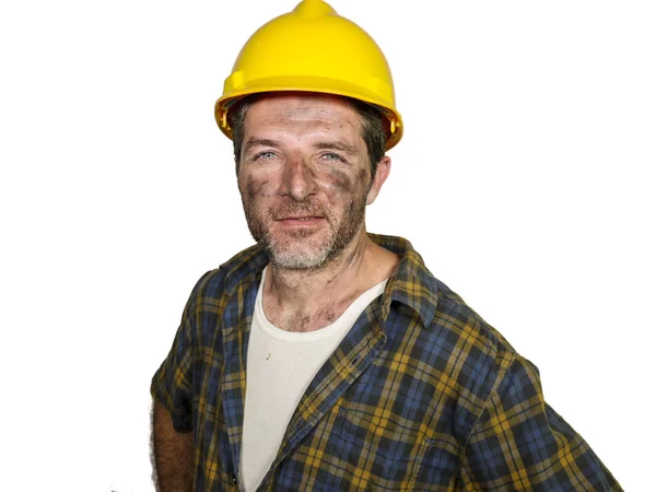 Corporate portrait of construction worker - attractive and happy builder man in safety helmet smiling confident as successful contractor or cheerful handyman — Stock Photo, Image