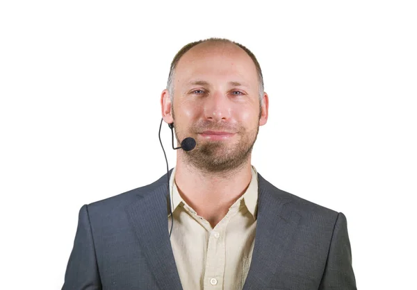 Selbstbewusste Geschäftsmann Lautsprecher mit Headset gibt Coaching-Konferenz Training für geschäftlichen Erfolg lächelnd fröhlich und positiv in Casual Code isoliert auf weiß — Stockfoto