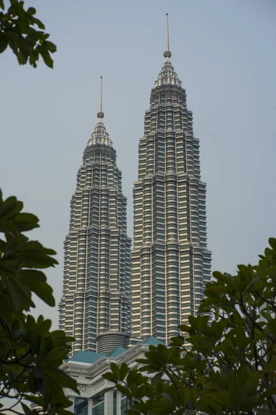 Petronas torri emergenti tra le foglie di albero del parco della città isolate sul cielo azzurro a Kuala Lumpur Malesia — Foto Stock