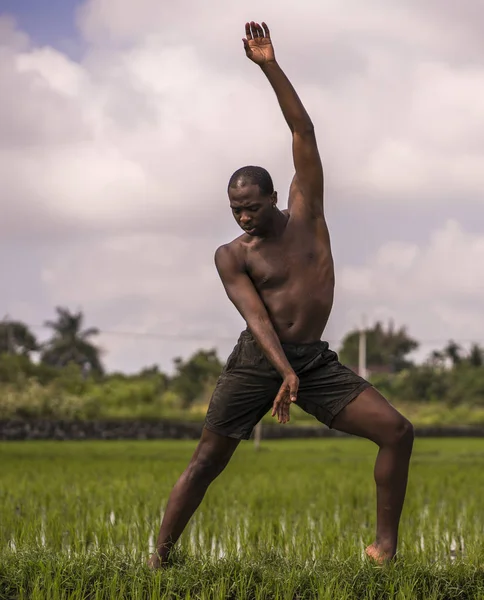 Молодой привлекательный современный балетный танцор и хореограф, черный афроамериканец танцующий и позирующий на фоне тропического рисового поля — стоковое фото