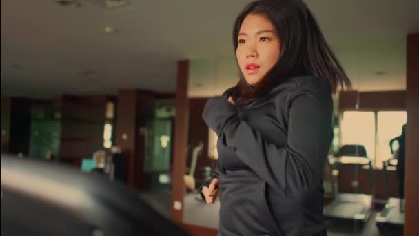 Young Attractive Cute Asian Korean Woman Doing Running Workout Hotel — Stock Video