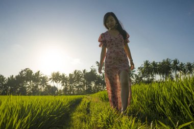 tropikal günbatımı mutluluk. Doğada egzotik Yaz tatili gezisi zevk yeşil pirinç alanında yürüyüş zarif elbise genç güzel ve çekici Asyalı Çinli kadın