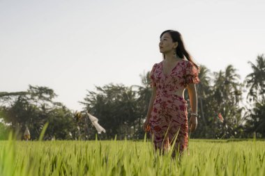 egzotik Yaz tatilleri zevk yeşil pirinç alanında yürüyüş zarif elbise genç güzel ve çekici Asyalı Çinli kadının doğal ve taze yaşam tarzı portre