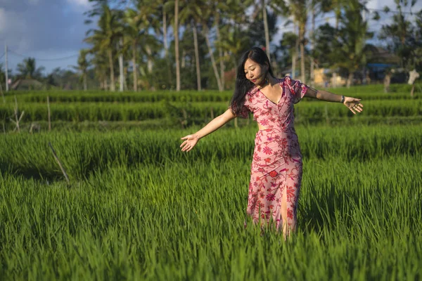 Přirozený a svěží životní styl portrét mladé krásné a přitažlivé asijské korejské ženy v elegantních šatech na zelené rýžové poli užívajících exotických letních svátků — Stock fotografie