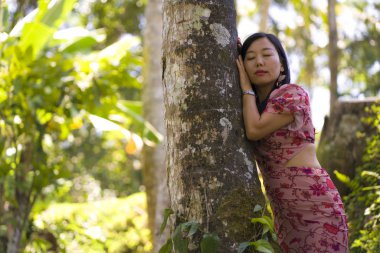 taze tropikal yağmur ormanlarında ağaç gövdesi üzerinde rüya gibi eğilerek doğanın güzelliği sakin zevk zarif yaz elbisesi genç güzel ve rahat Asyalı Koreli kadın 